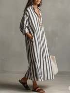 Blue-and-off-white striped maxi dress, collared V-neck, button-front, relaxed sleeves