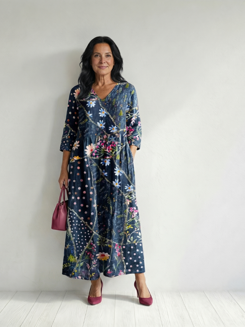 Blue floral midi dress with V-neck and gathered waist, 3/4 sleeves