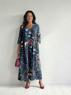 Blue floral midi dress with V-neck and gathered waist, 3/4 sleeves