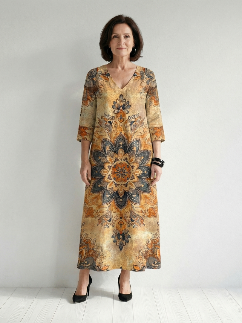 Floral midi dress with V-neck and 3/4 sleeves, ornate paisley-inspired print