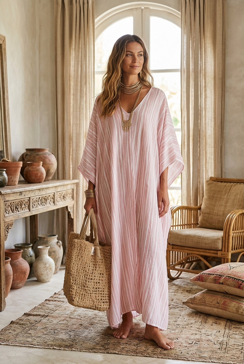 Soft pink striped kaftan dress with V-neck and wide batwing sleeves, maxi length