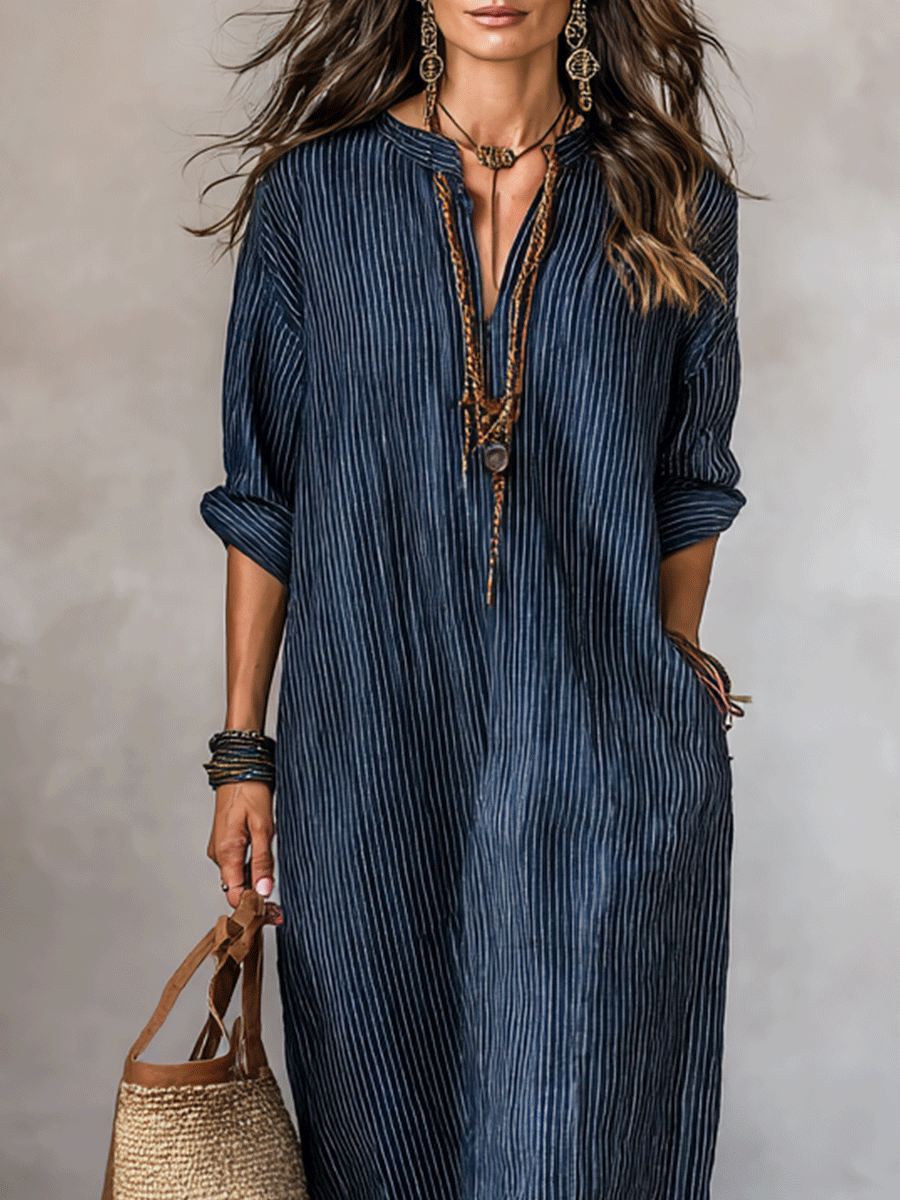 Blue indigo loose-fit maxi dress neckline detail with V-front and vertical striped fabric