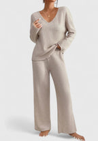 Beige ribbed knit V-neck long-sleeve top and wide-leg pants matching set