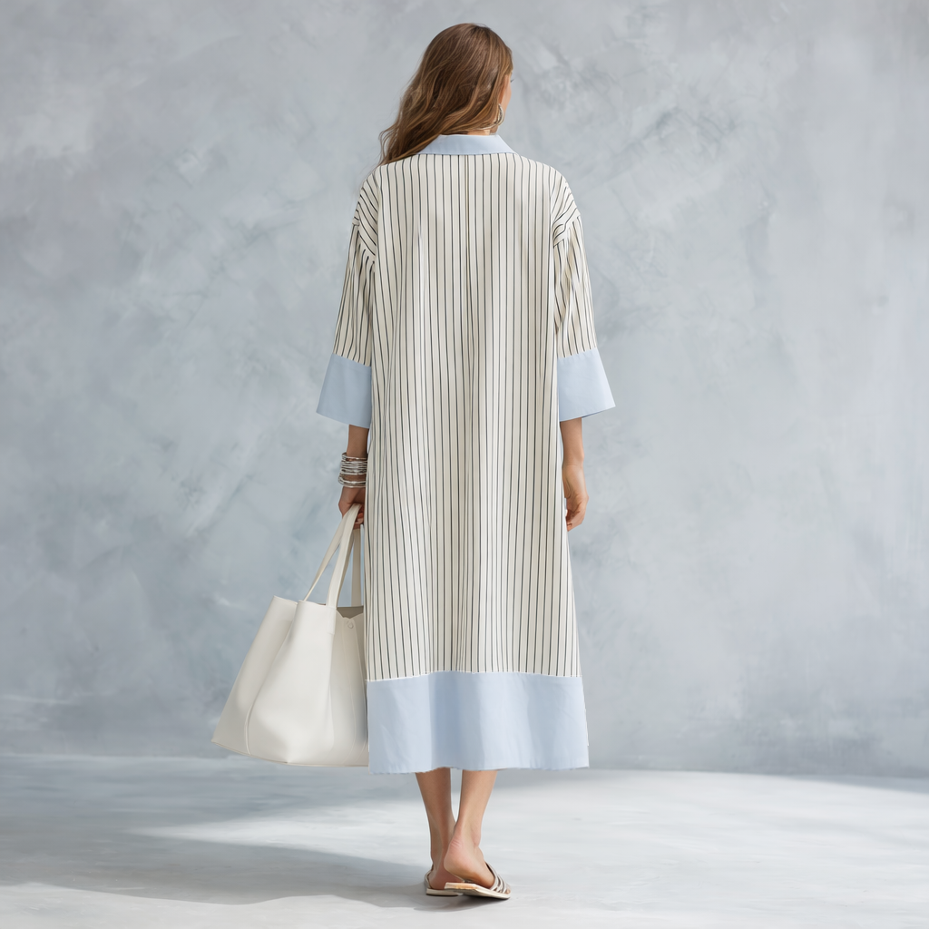 Blue and white vertical striped midi dress with back yoke and light-blue hem