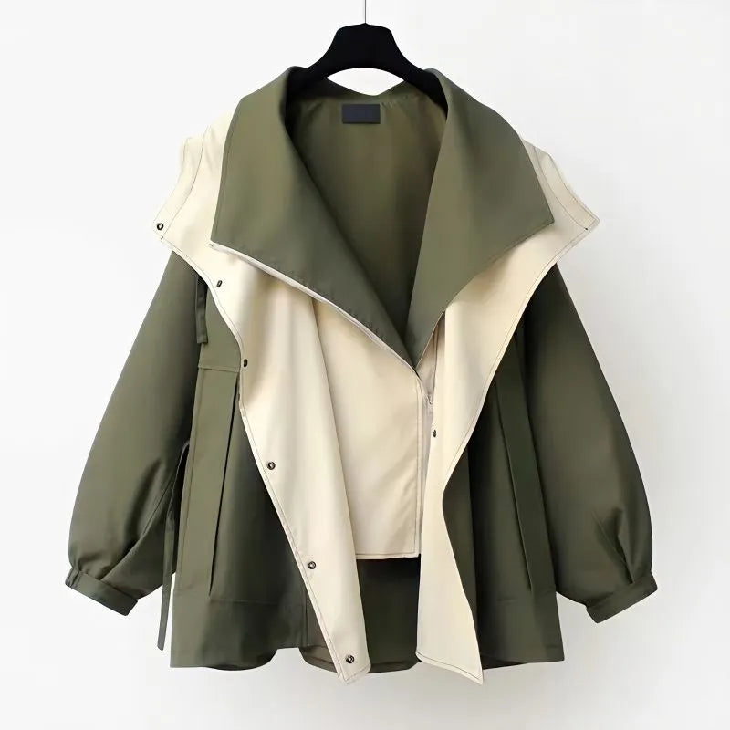 Two-tone windbreaker jacket, olive outer with off-white front panel and stand collar snaps