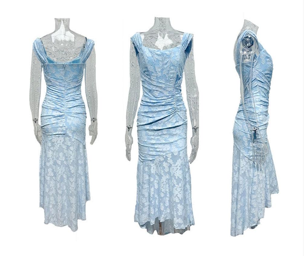 Blue floral maxi dress shown from front, back, and side views on mannequins.