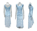Blue floral maxi dress shown from front, back, and side views on mannequins.
