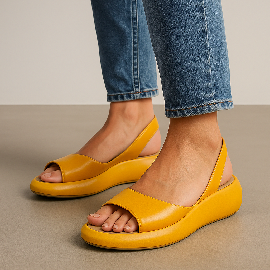 Bright yellow open-toe non-slip sandals with wide strap and curved sole