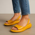 Bright yellow open-toe non-slip sandals with wide strap and curved sole
