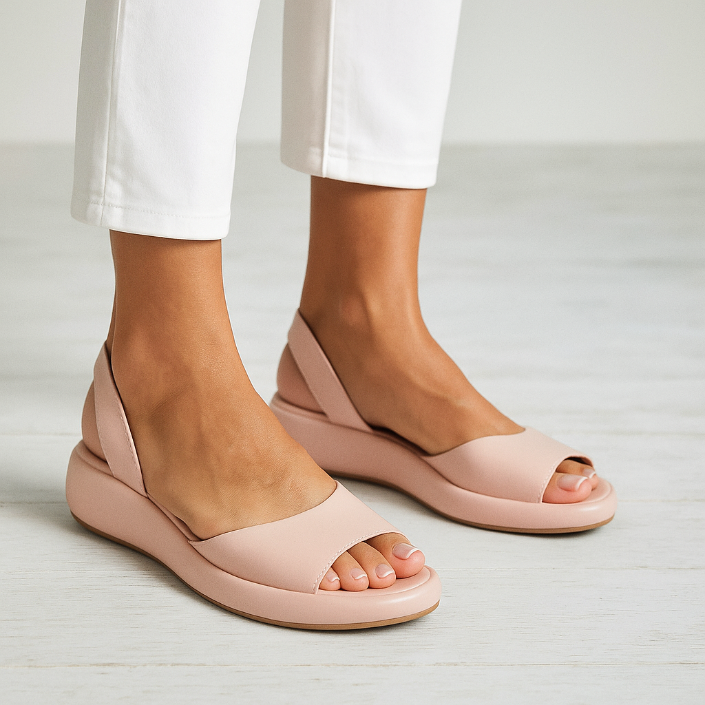 Light pink open-toe non-slip sandals with wide strap and flat cushioned sole