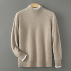 Beige cashmere mock-neck jumper with ribbed collar, cuffs, and hem.
