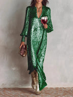 Dark green shimmering V-neck maxi dress, loose fit, three-quarter sleeves