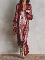 Burgundy shimmering V-neck maxi dress, loose fit, long sleeves