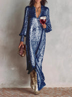 Blue shimmering V-neck maxi dress with loose drape and long sleeves