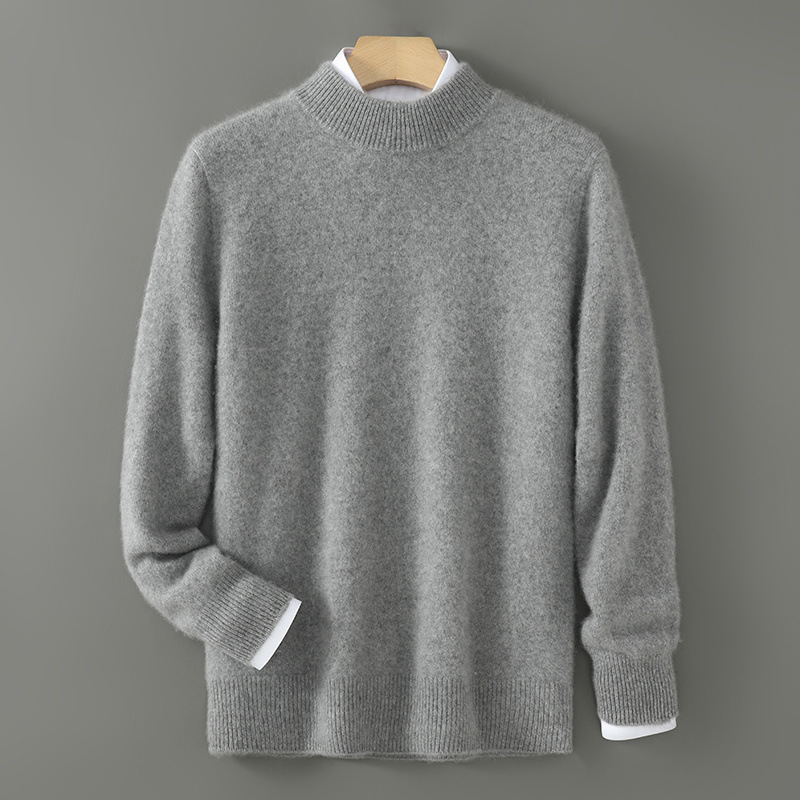 Grey cashmere mock-neck jumper with ribbed collar and long sleeves.