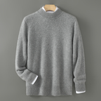 Grey cashmere mock-neck jumper with ribbed collar and long sleeves.