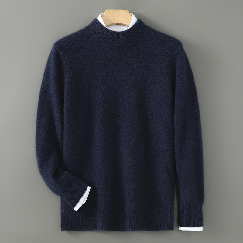 Navy cashmere mock-neck jumper with ribbed cuffs and hem, long sleeves.