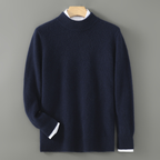 Navy cashmere mock-neck jumper with ribbed cuffs and hem, long sleeves.