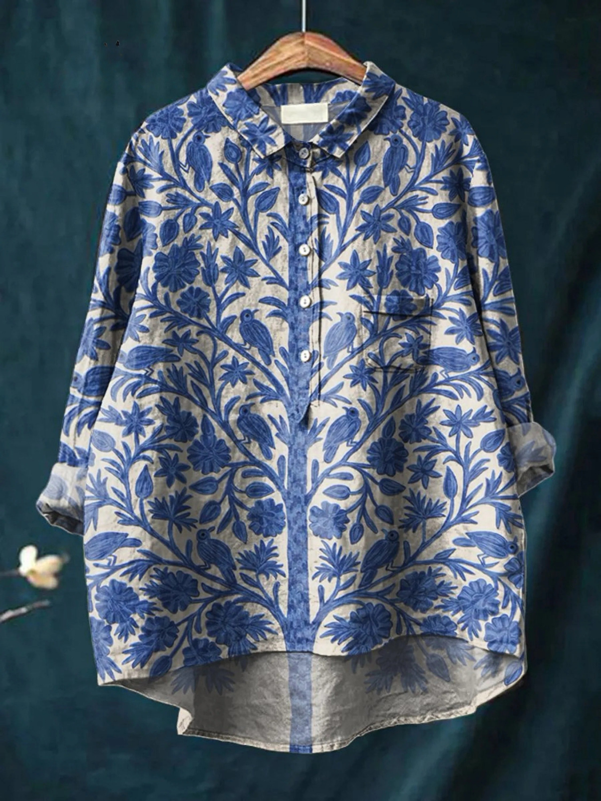 Women's casual button-up shirt with blue and white vintage floral print, long sleeves