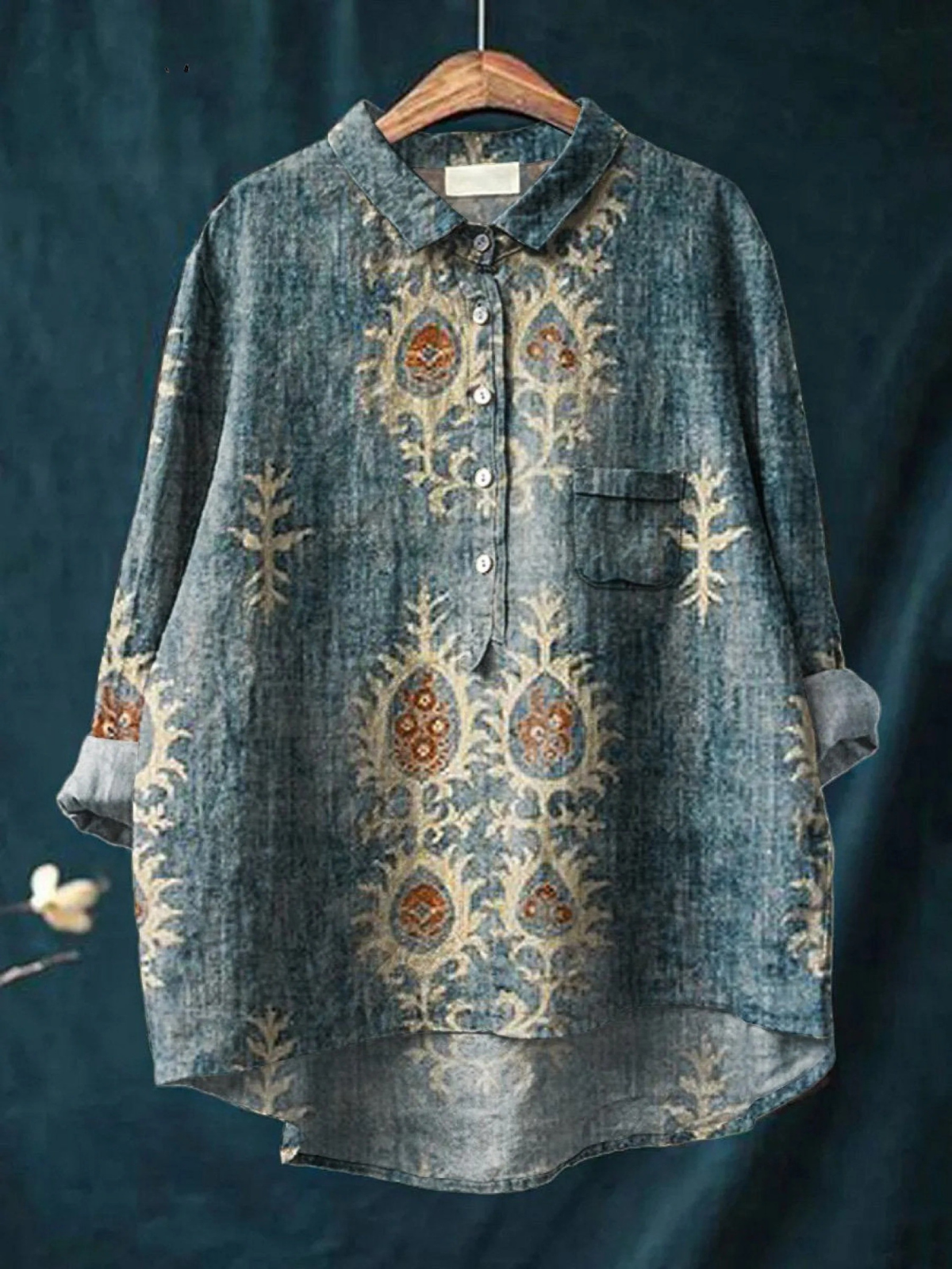 Women’s vintage floral print casual shirt, blue linen-style with button front and chest pocket