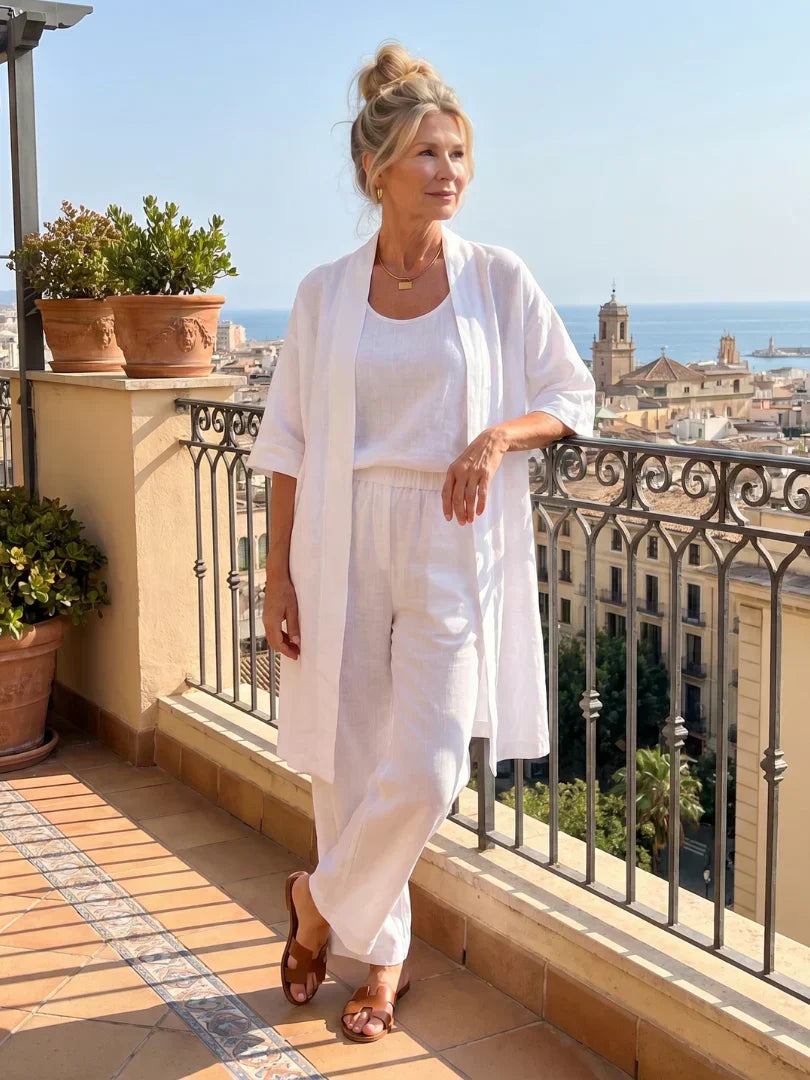 Elegant set with long short-sleeve shirt and wide-leg pants, white
