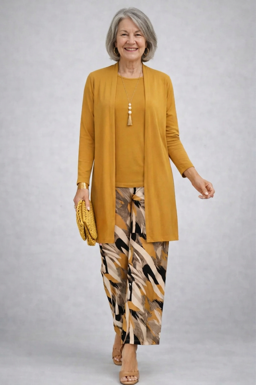 Mustard long tunic with patterned wide-leg pants and tassel necklace