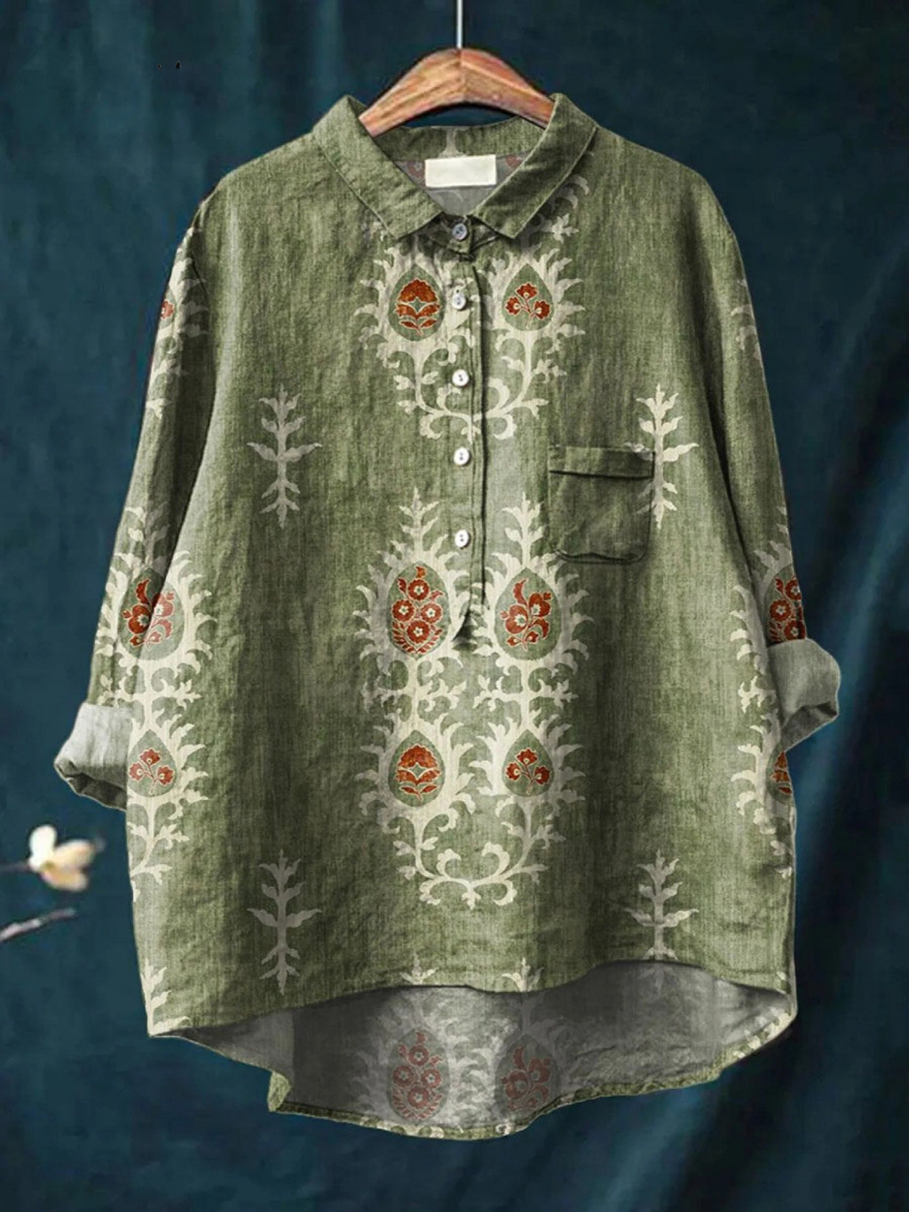 Women’s vintage floral print casual shirt, green linen-style with button front and chest pocket