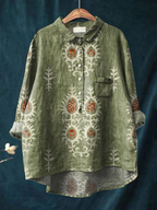 Women’s vintage floral print casual shirt, green linen-style with button front and chest pocket