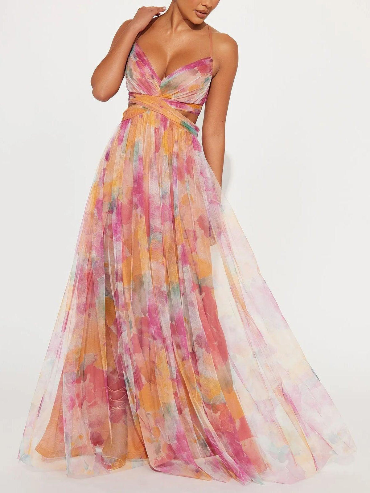 Maxi A-line V-neck dress with multicolor painted floral print, sleeveless bodice detail