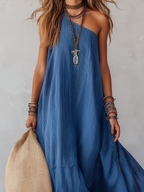Royal blue striped off-the-shoulder maxi dress with vertical texture and long flowing hem