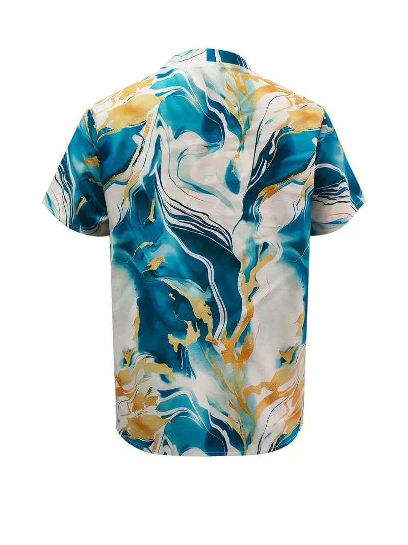 Marble print short sleeve shirt, blue and teal marble pattern, V-neck back view