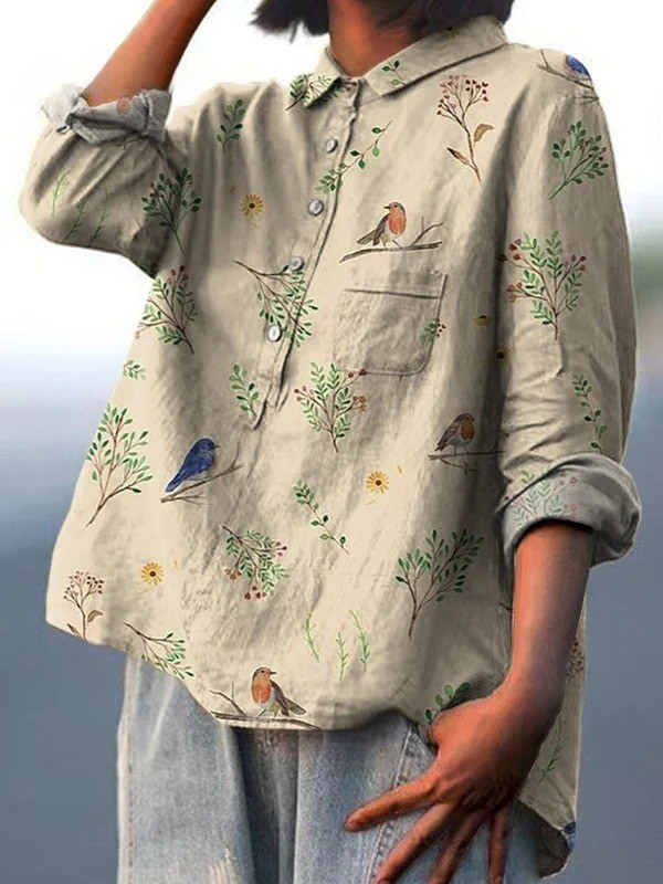 Women’s casual shirt in light beige with long sleeves, button front, bird and garden print