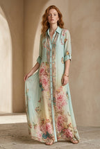 Mint green floral maxi dress with three-quarter sleeves and buttoned front