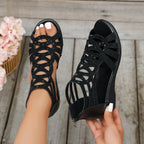 Black women’s orthopedic sandal with lace-up upper and open toe wedge heel