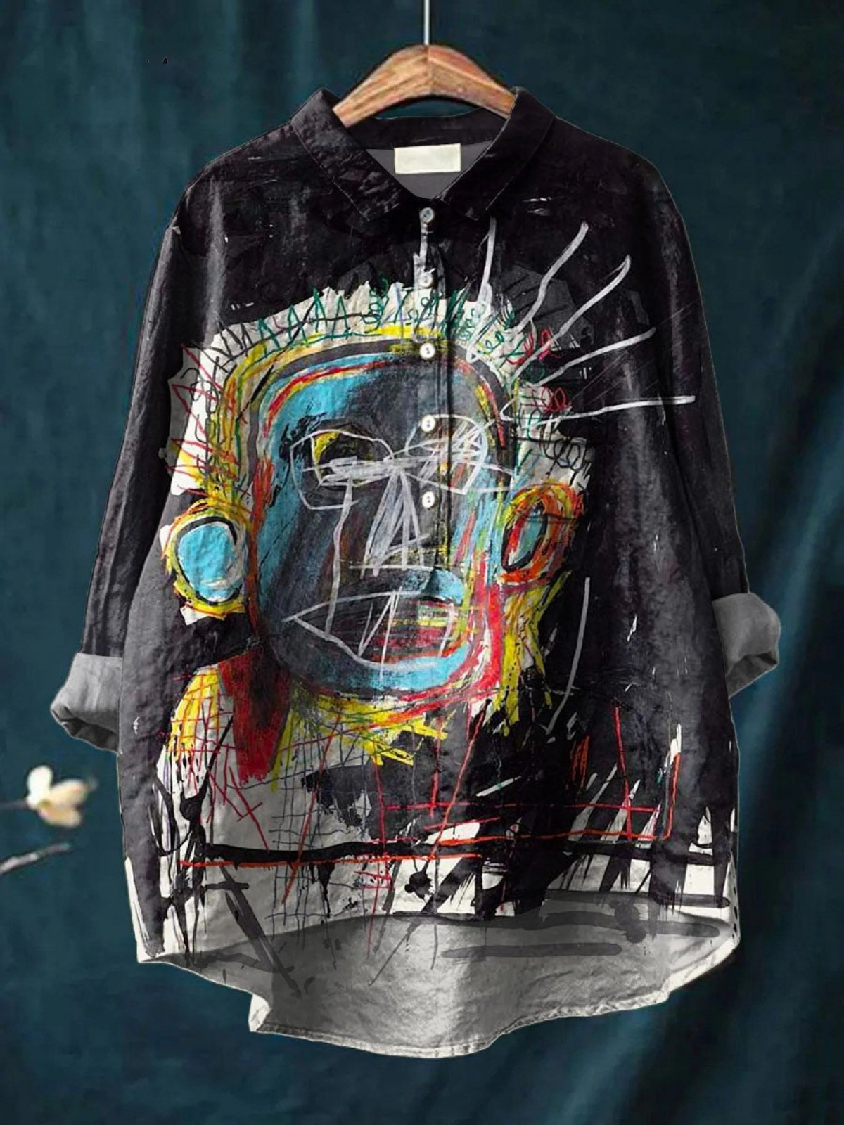 Black casual button-up shirt with multicolour abstract figure painting graphic