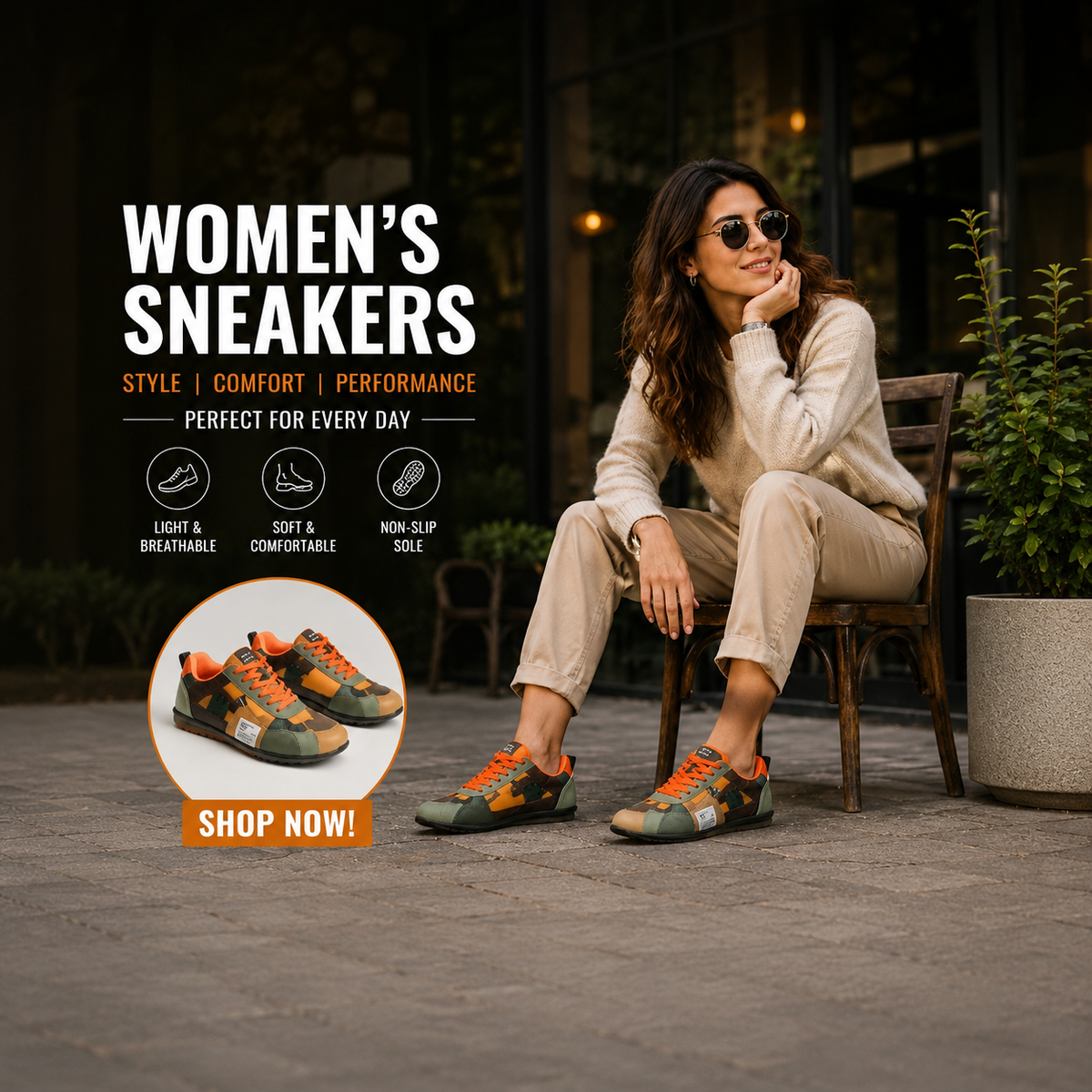 Women’s retro sneakers in orange, green, and gray with orange laces