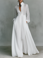 Women's white long-sleeve maxi dress with stand-up collar, button-front and patchwork panels