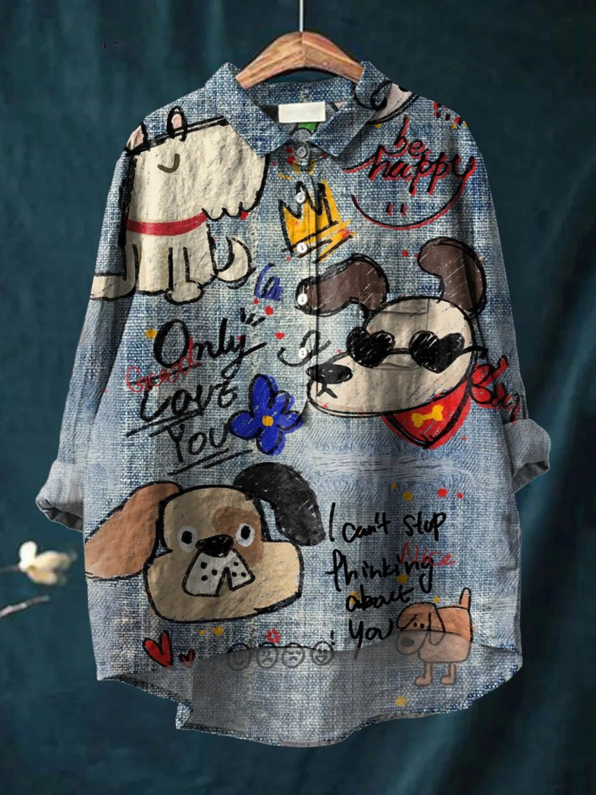 Multicolour dog art print casual shirt with collar and button front