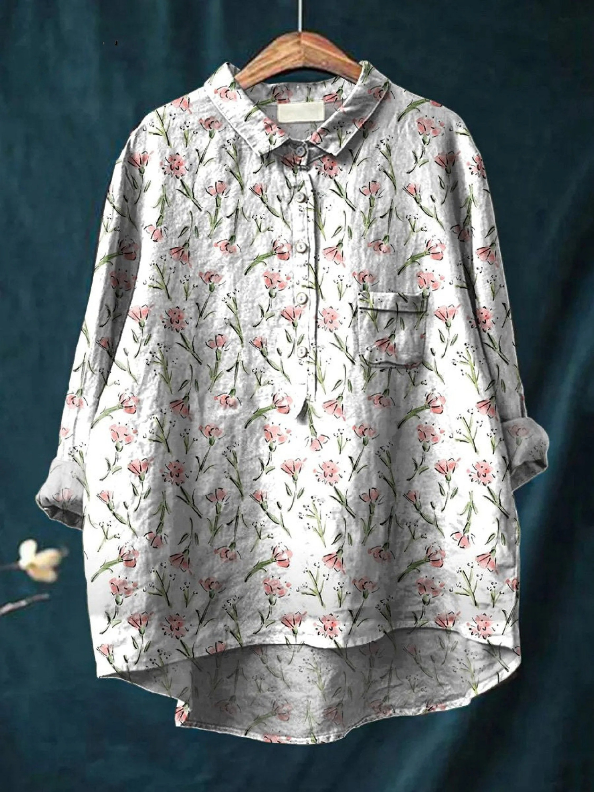 Women's light gray casual shirt with pink floral repeat print, button-front and chest pocket