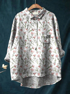 Women's light gray casual shirt with pink floral repeat print, button-front and chest pocket