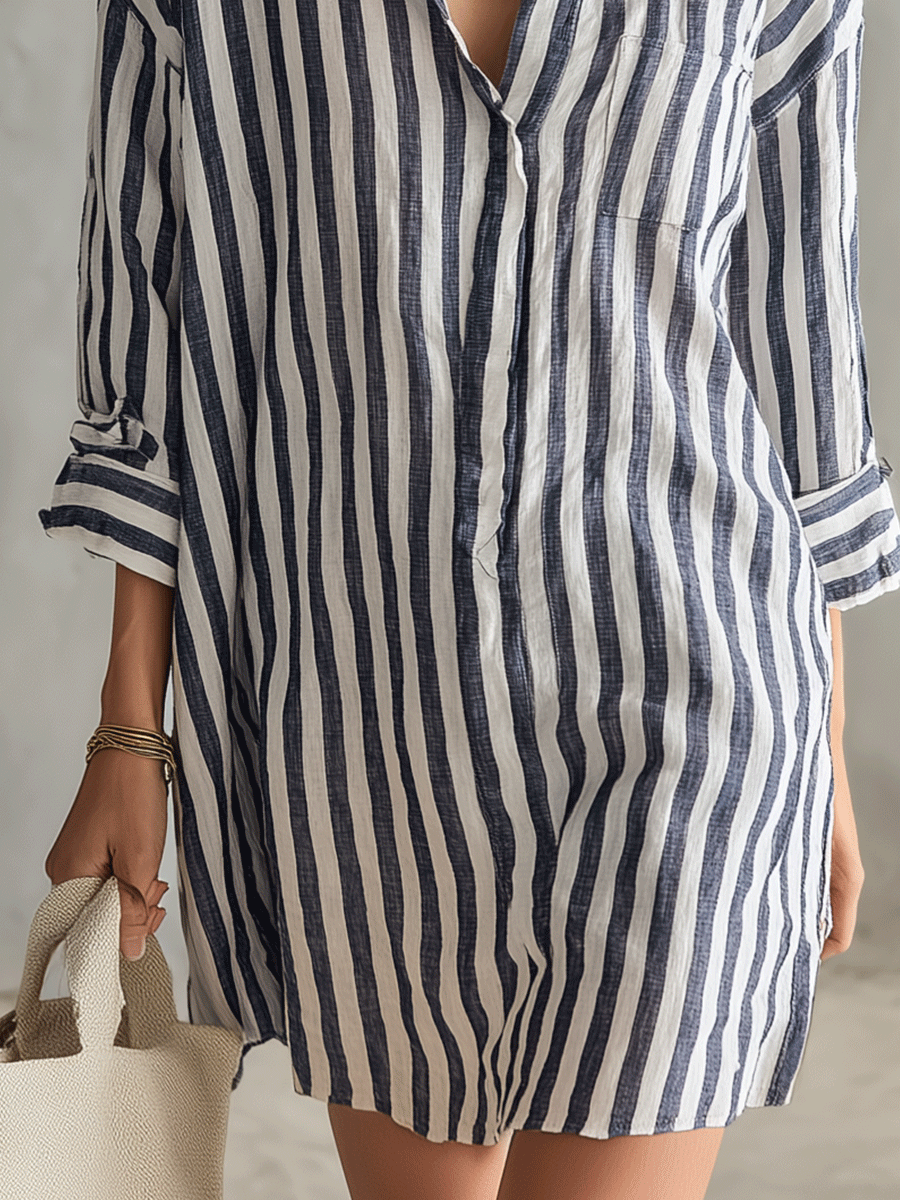 Blue and white vertical striped shirt mini dress, front button placket detail