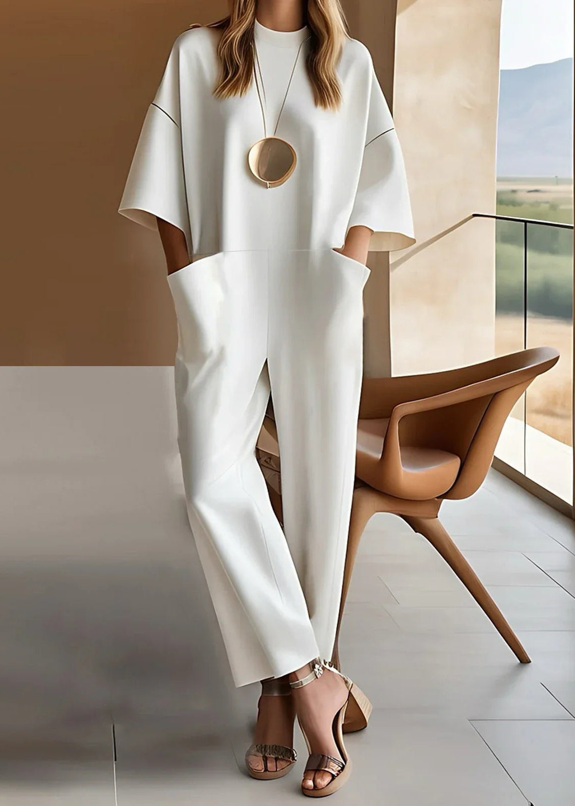 Emmy™ elegant short-sleeve jumpsuit in white, wide-leg loose fit, short sleeves