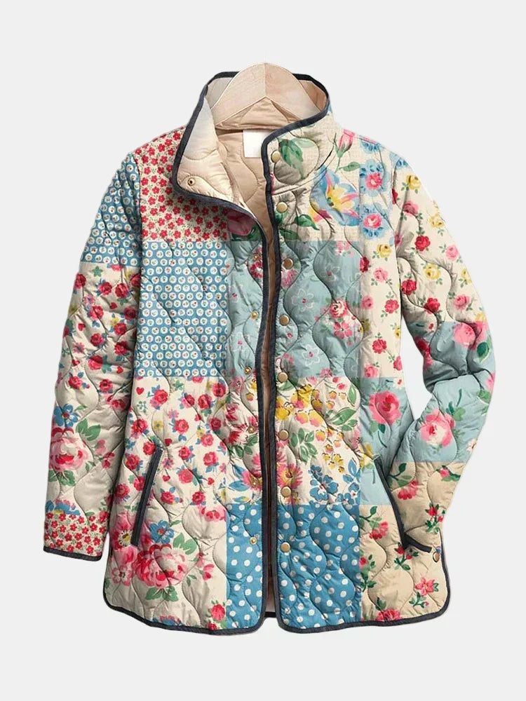 Multicolour floral quilted jacket with zip front and stand collar