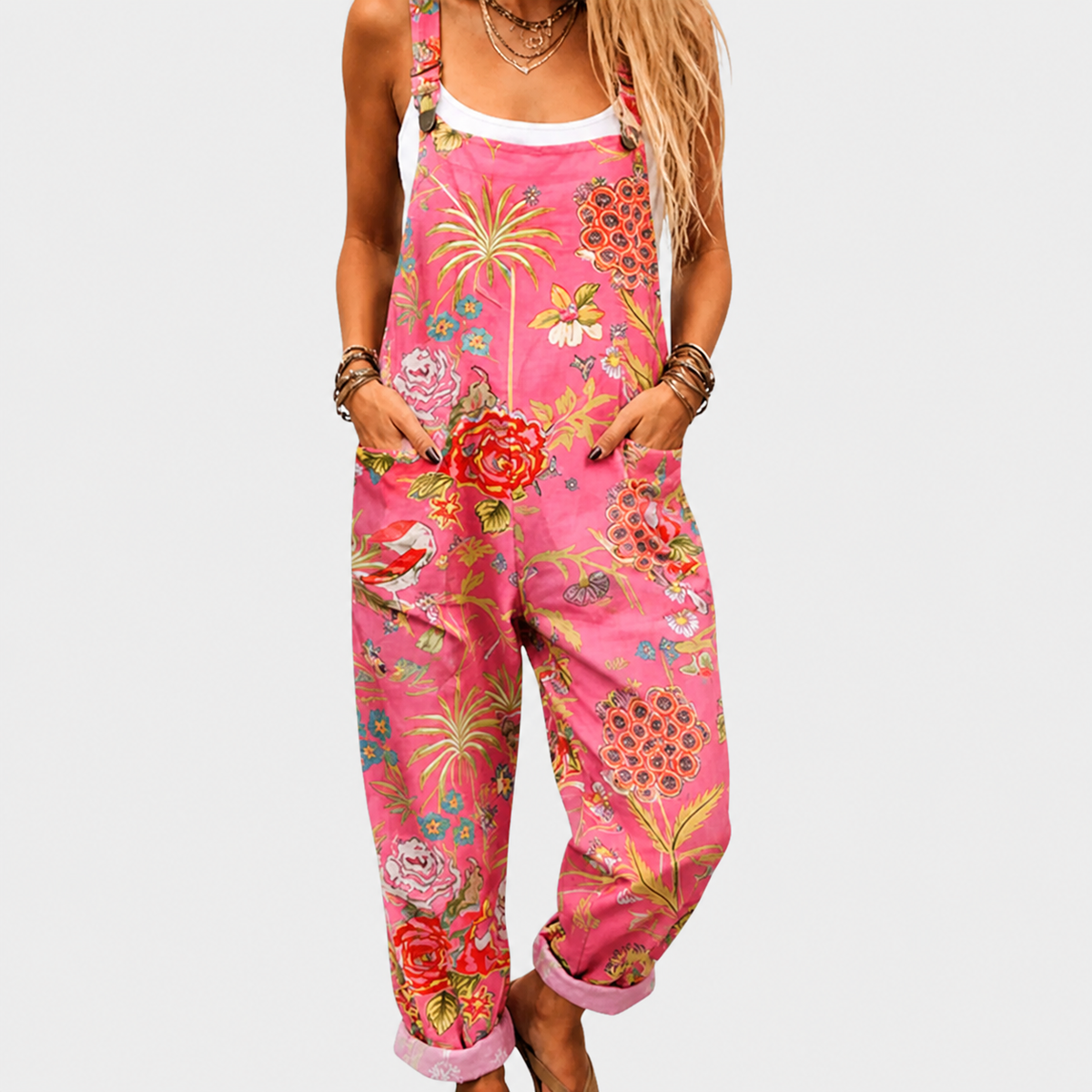 Women’s sleeveless jumpsuit with wide legs, pink floral and tropical print