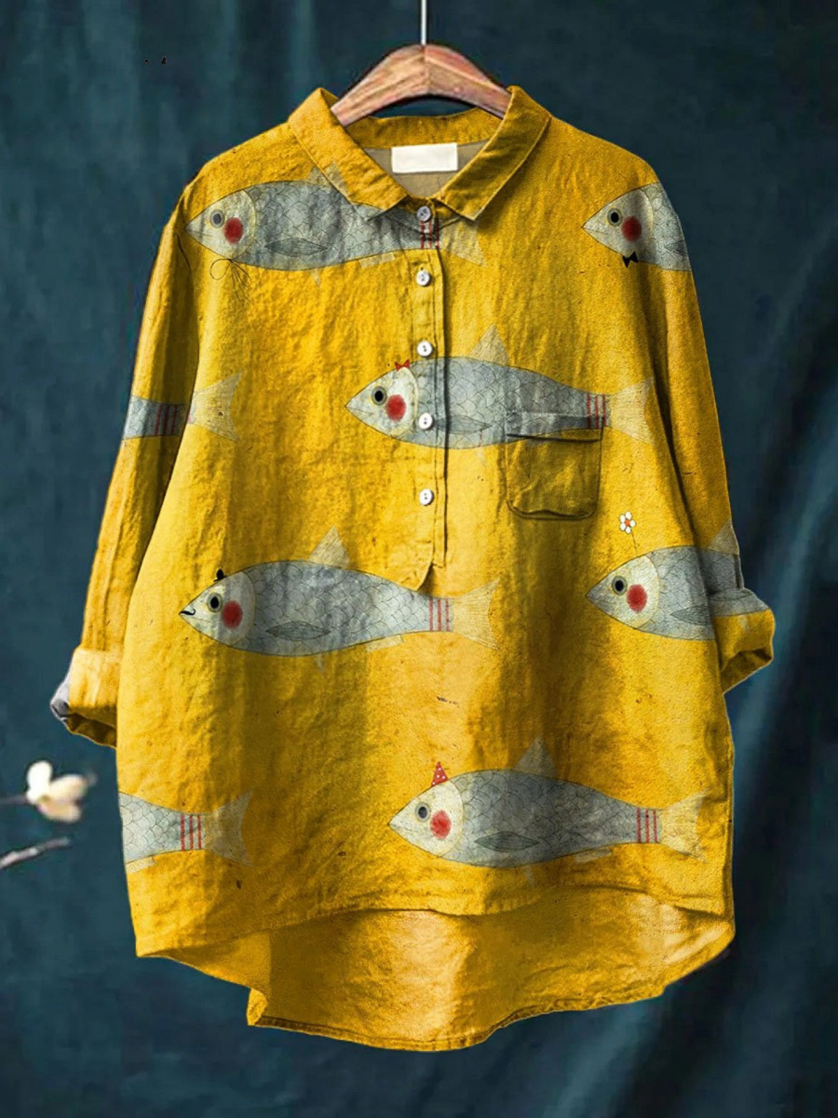 Women's vintage fish art print casual shirt in mustard yellow, button front and chest pocket