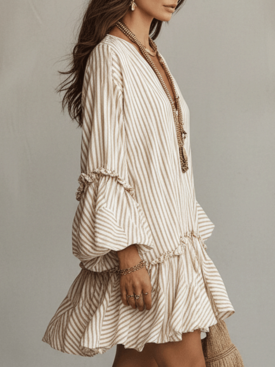 Off-white striped boho mini dress with ruched cuffs and layered ruffled skirt