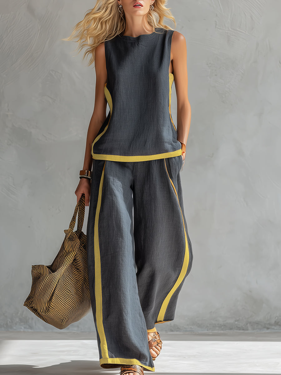 Two-piece set, charcoal gray sleeveless top and wide-leg pants with yellow edge trim