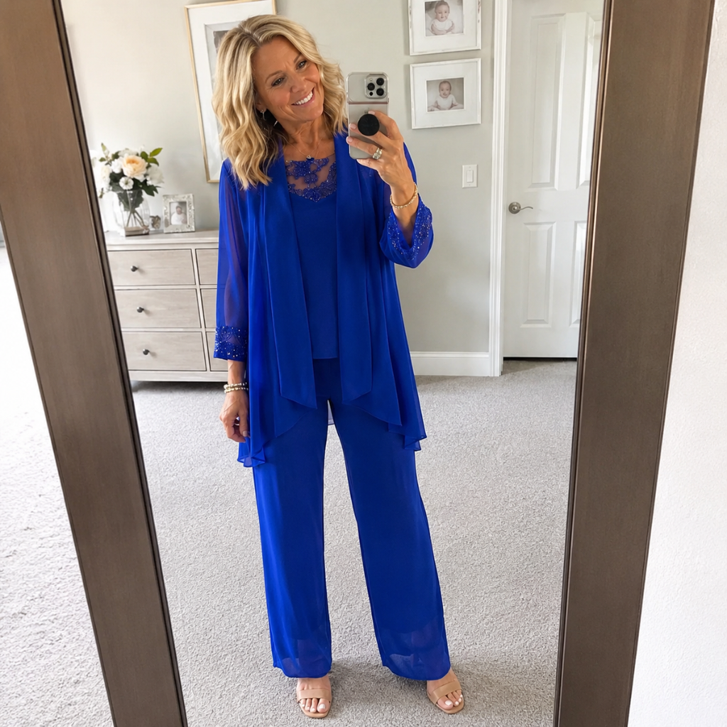 Blue flowing jacket and wide-leg pants set, layered drape, full-length