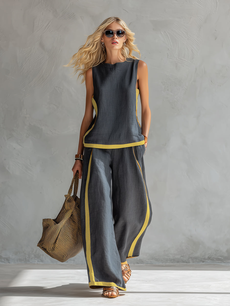 Two-piece set, charcoal gray sleeveless top and wide-leg pants with yellow trim