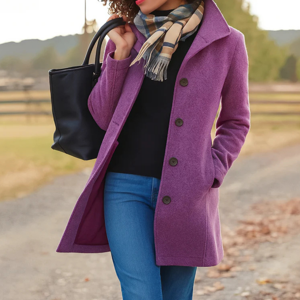 Purple long coat with notch lapels and dark button front, quilted lining visible.